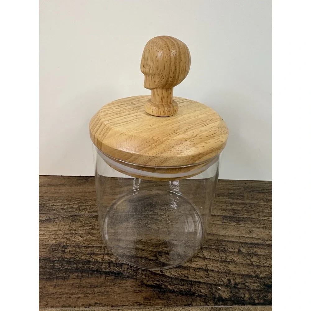 Clear Glass Jar Dish With Wooden Skull Lid Halloween Skeleton